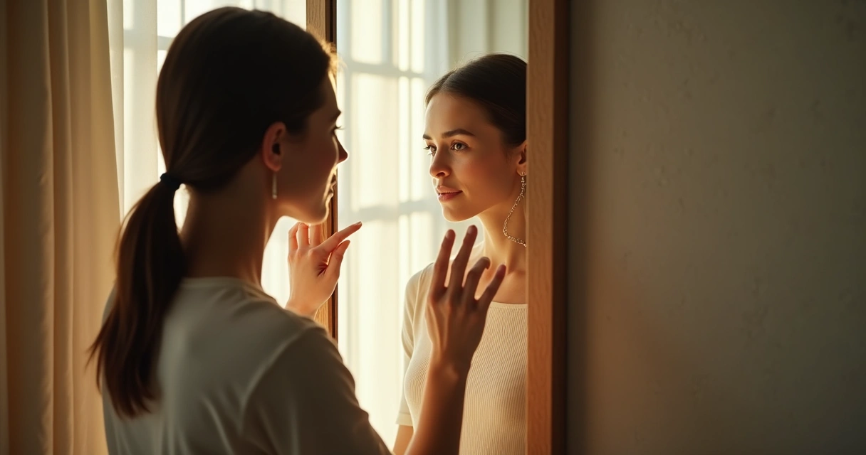 Mulher olhando reflexiva para espelho com sombras sobre o rosto 