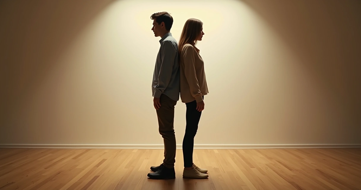 Duas pessoas de costas, em lados opostos de uma sala, separadas por uma linha sutil no chão. 