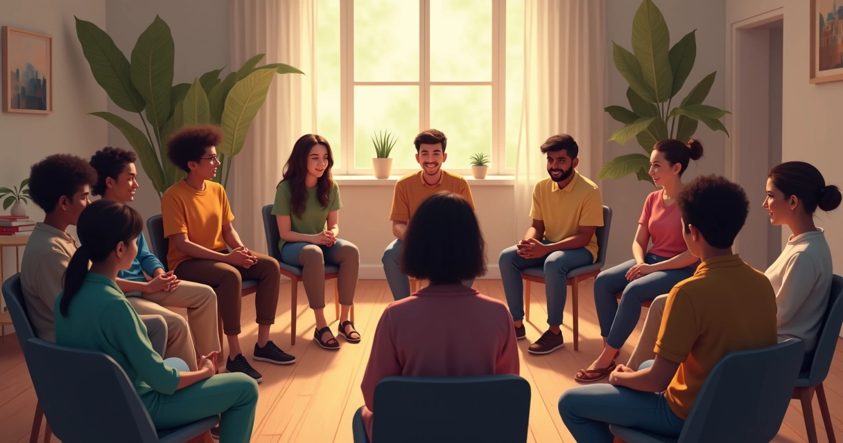 Pessoas em círculo, repetindo gestos, simbolizando padrões inconscientes 