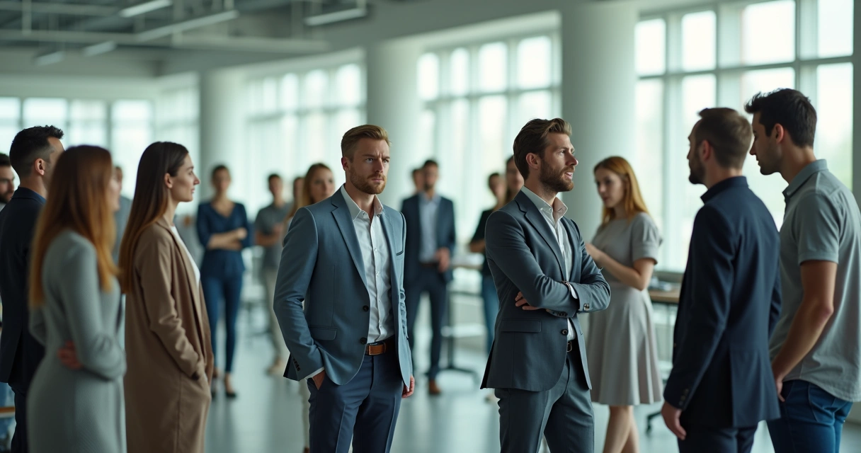 Grupo de pessoas conversando, algumas afastadas e outras próximas entre si 