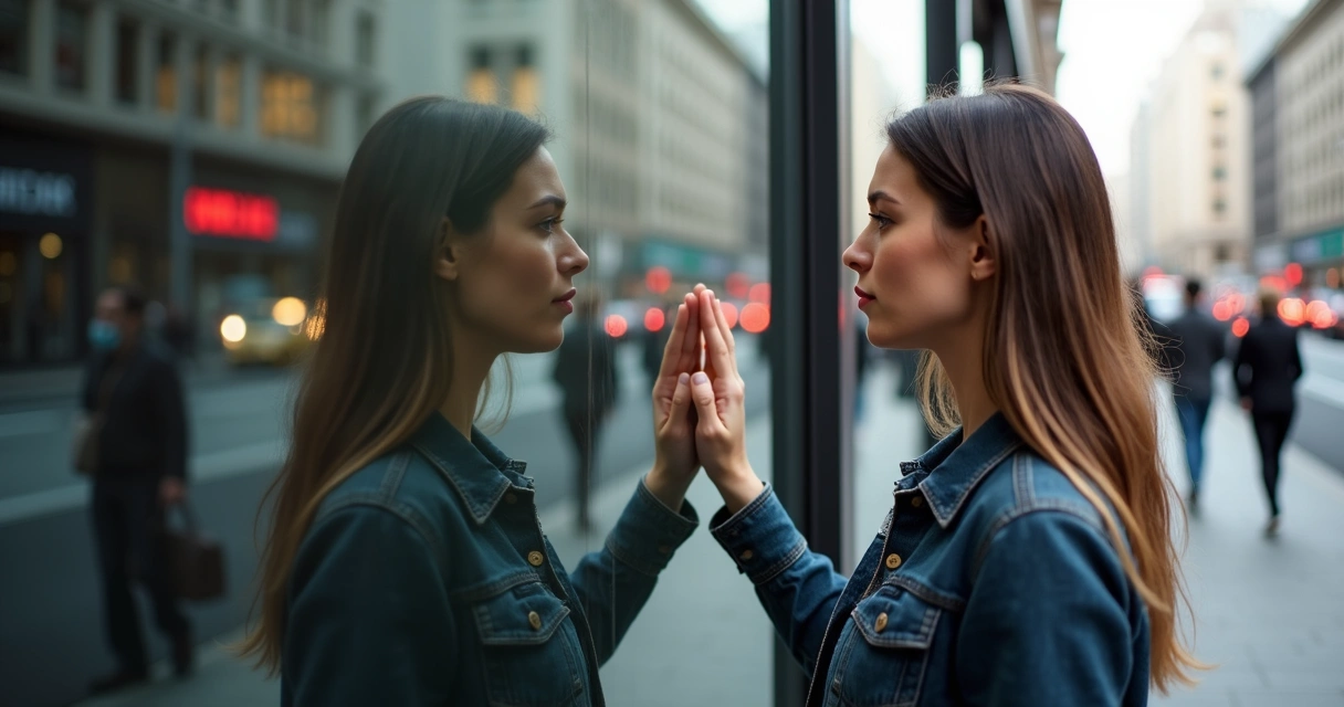 Pessoa refletindo diante de múltiplos reflexos em um vidro urbano 
