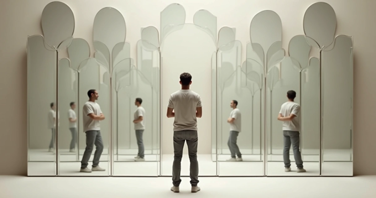Pessoa observando seu reflexo fragmentado em vários espelhos simbolizando padrões inconscientes nas relações sociais 