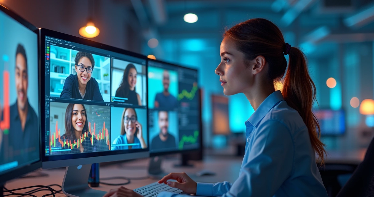 Mulher olhando tela de computador com gráficos coloridos de dados e imagens de pessoas em profissões diferentes