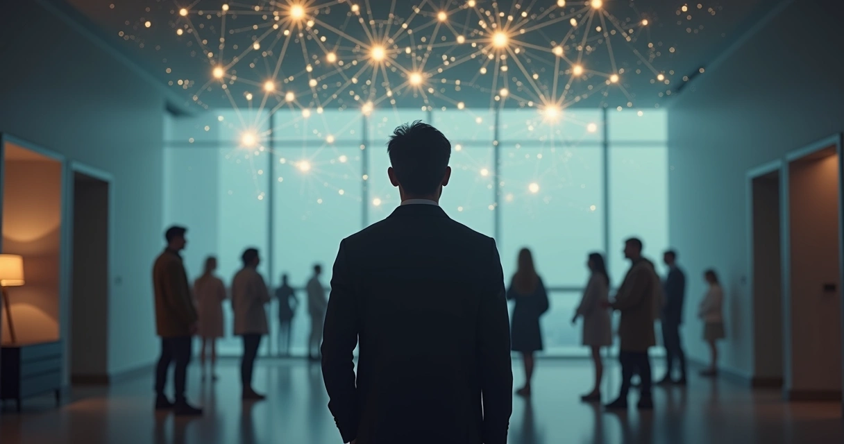 Pessoa observando conexões invisíveis entre silhuetas humanas interligadas 