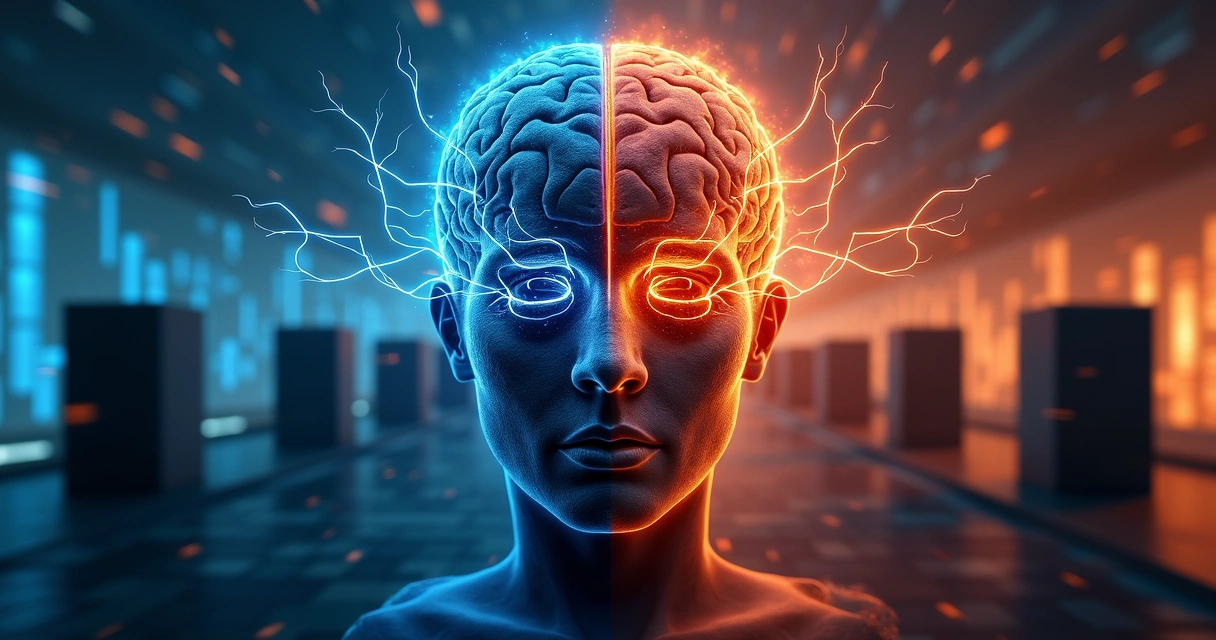 Cérebro e coração conectados por fios, simbolizando padrões limitantes 