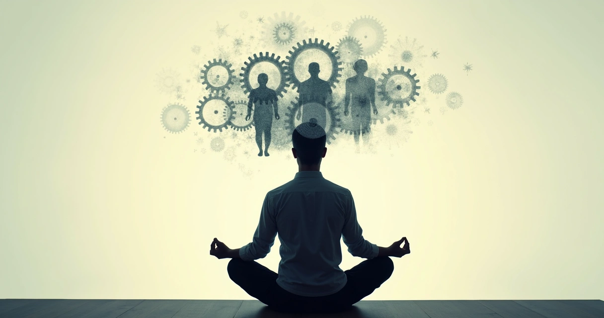 Pessoa refletindo, com imagens sobrepostas de engrenagens e silhuetas humanas na cabeça 