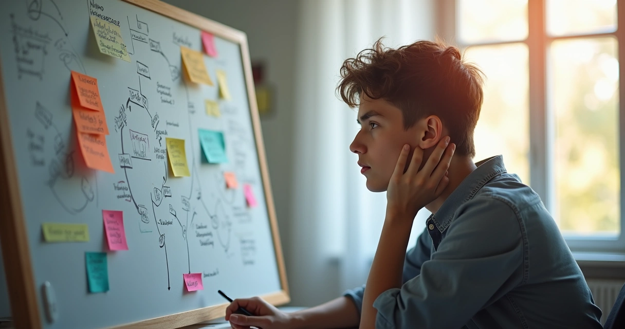 Pessoa pensativa refletindo diante de um quadro branco com mapas mentais desenhados 