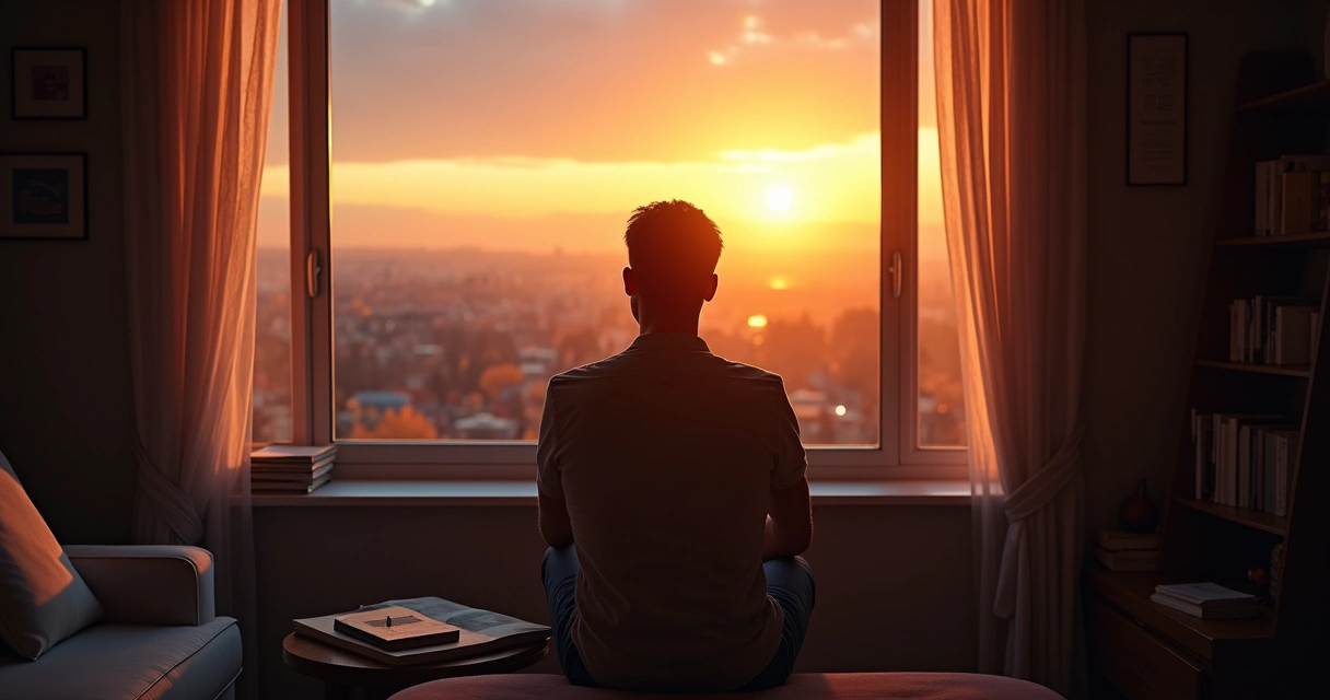 Pessoa pensativa olhando para o horizonte no fim da tarde.