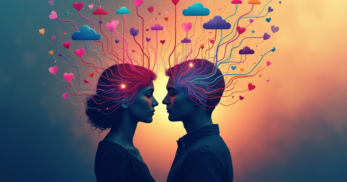 Ilustração de redes conectando pessoas e emoções, simbolizando padrões emocionais em relações humanas.