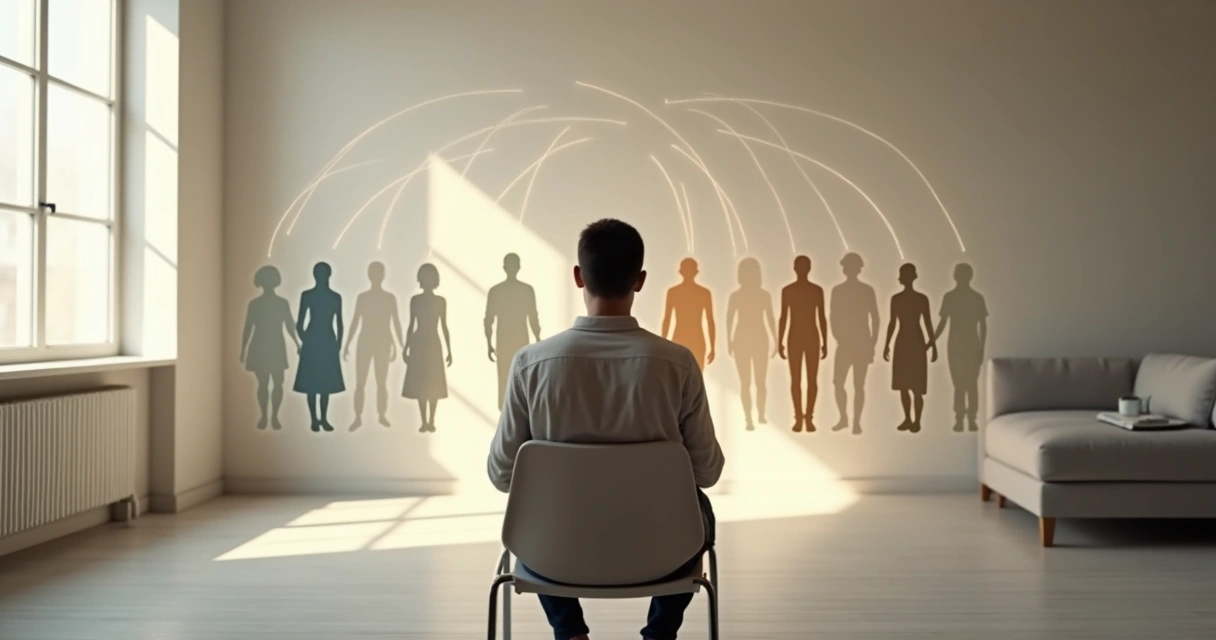 Pessoa refletindo cercada por silhuetas conectadas por linhas sutis 