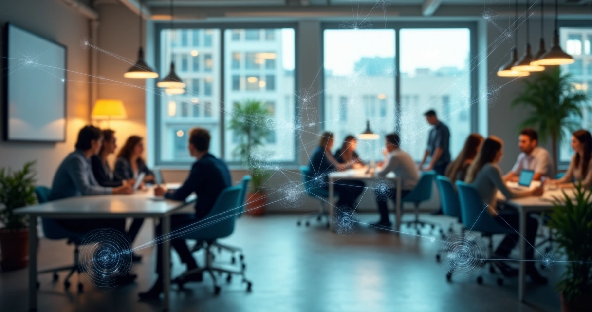 Equipes em um escritório moderno conectadas por linhas formando um padrão sistêmico 