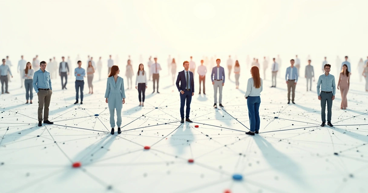 Desenho de várias pessoas conectadas por linhas sobre fundo neutro 