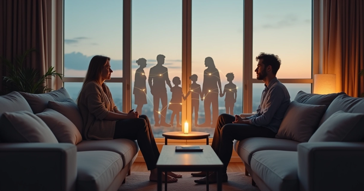 Casal sentado em sofás opostos separados por linhas conectando memórias de família ao fundo 