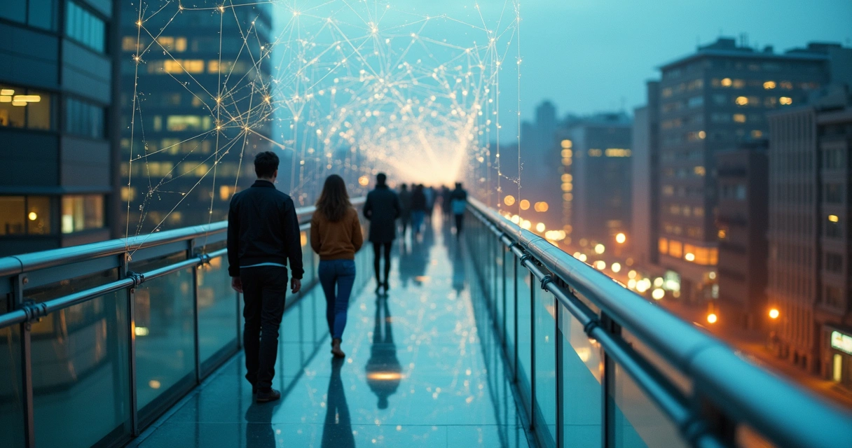 Grupo de pessoas caminhando em passarela elevada conectada por fios luminosos representando padrões sistêmicos ocultos 