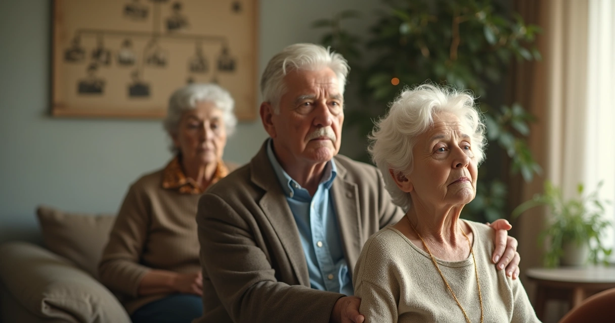 Três gerações de uma família conectadas por linhas sutis representando padrões transgeracionais 