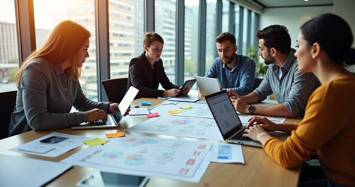 Equipe reunida analisando checklist em escritório moderno 