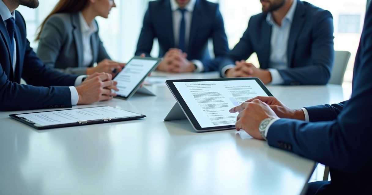 Profissionais revisando contratos padronizados em tela 