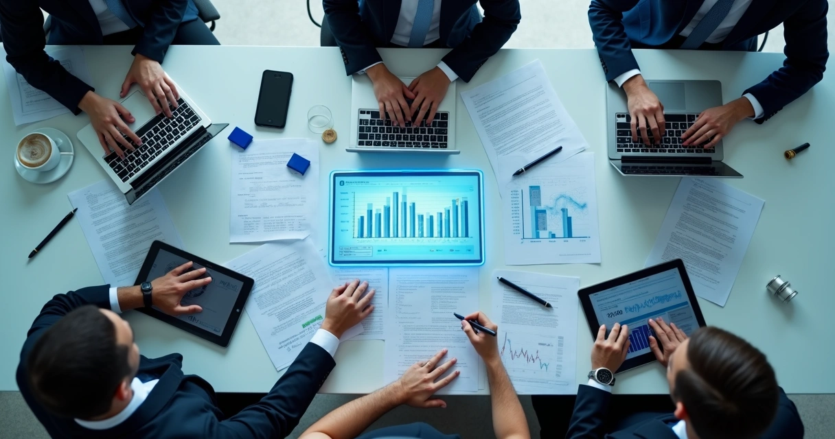 Mesa com equipe jurídica analisando contratos digitalizados 