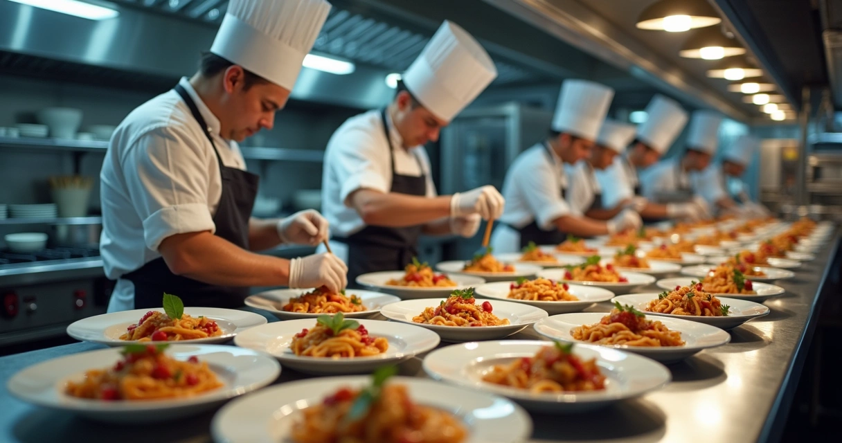 Equipe de cozinha preparando pratos de forma padronizada