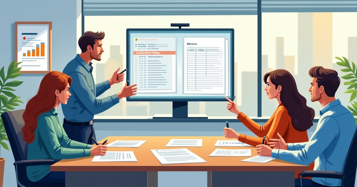 Equipe de assistência reunida padronizando documentos na empresa