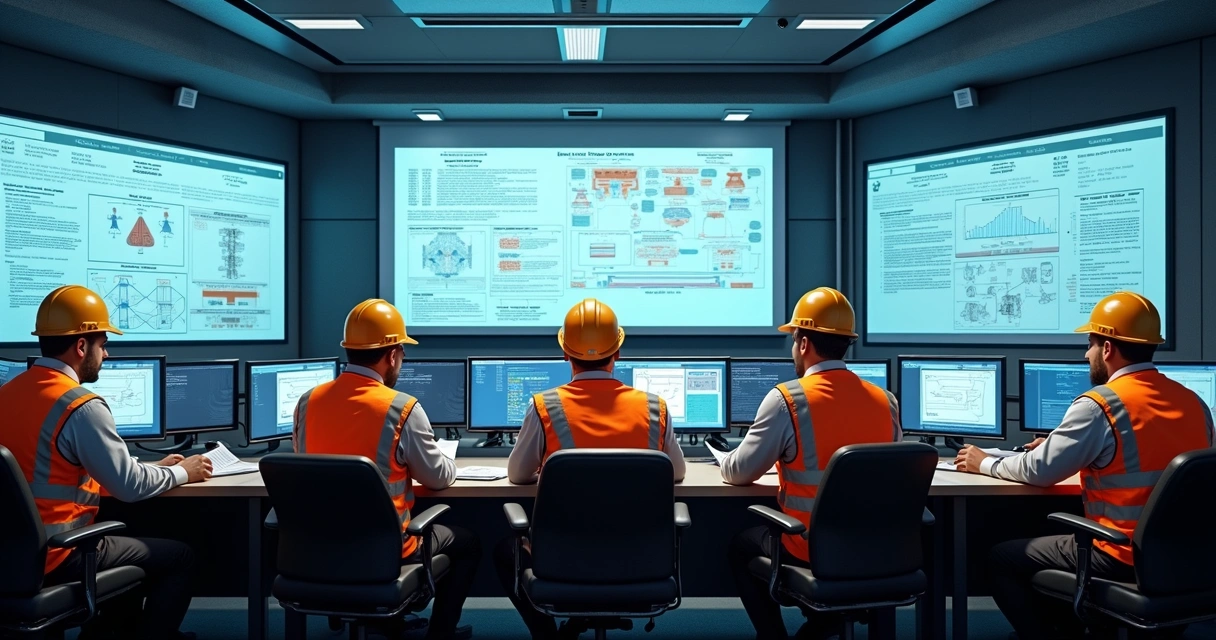 Equipe industrial revisando procedimentos padronizados em sala de controle 