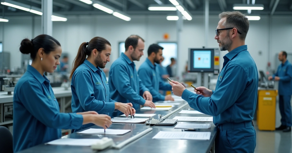 Equipe de fábrica executando tarefas padronizadas em ambiente limpo e organizado 