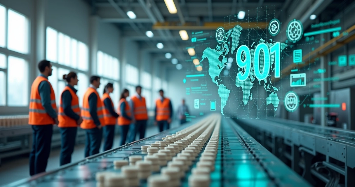 Linha de montagem industrial conectada a gráficos digitais de padronização ISO 