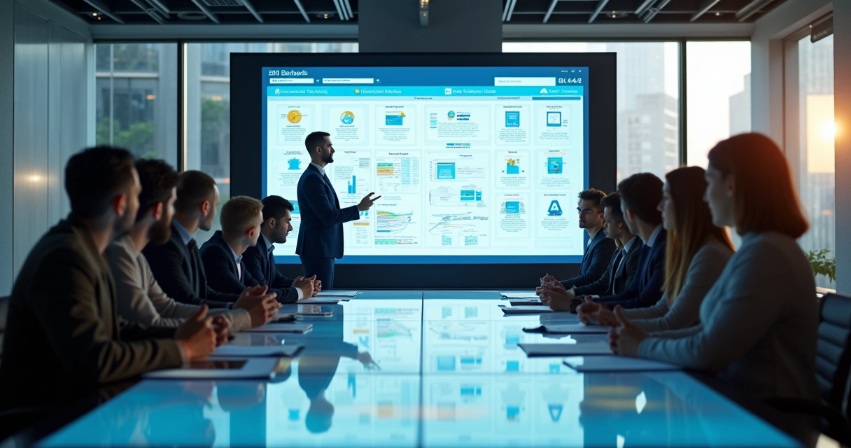 Equipe de vendas B2B reunida analisando um playbook visual digital na mesa 