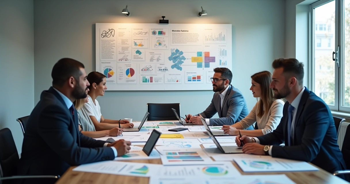Reunião de equipe com documentos e processos administrativos padronizados 