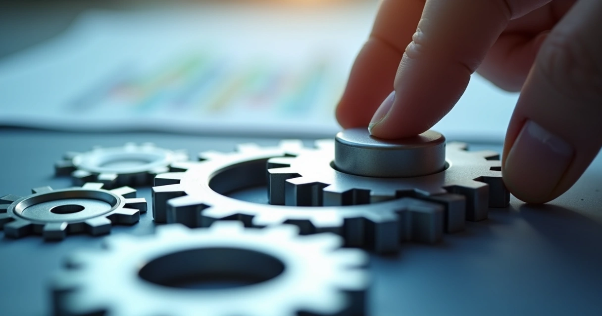 Mão ajustando engrenagens metálicas conectadas representando padronização e processos integrados no BPO Financeiro 