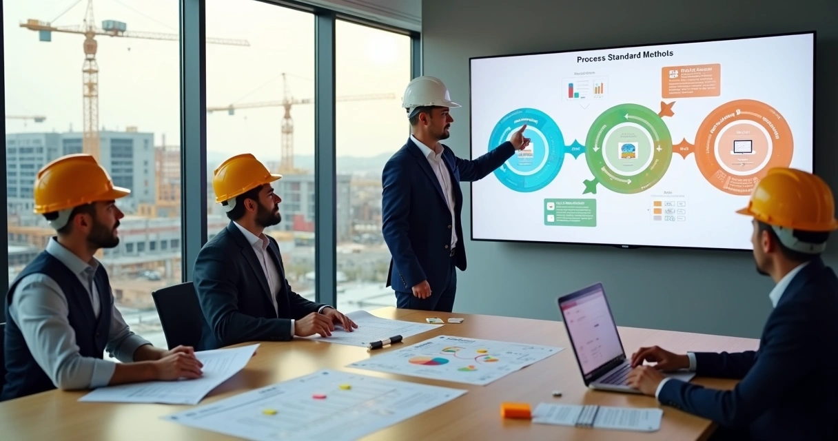 Engenheiros analisando fluxos de processo em um canteiro de obras moderno 