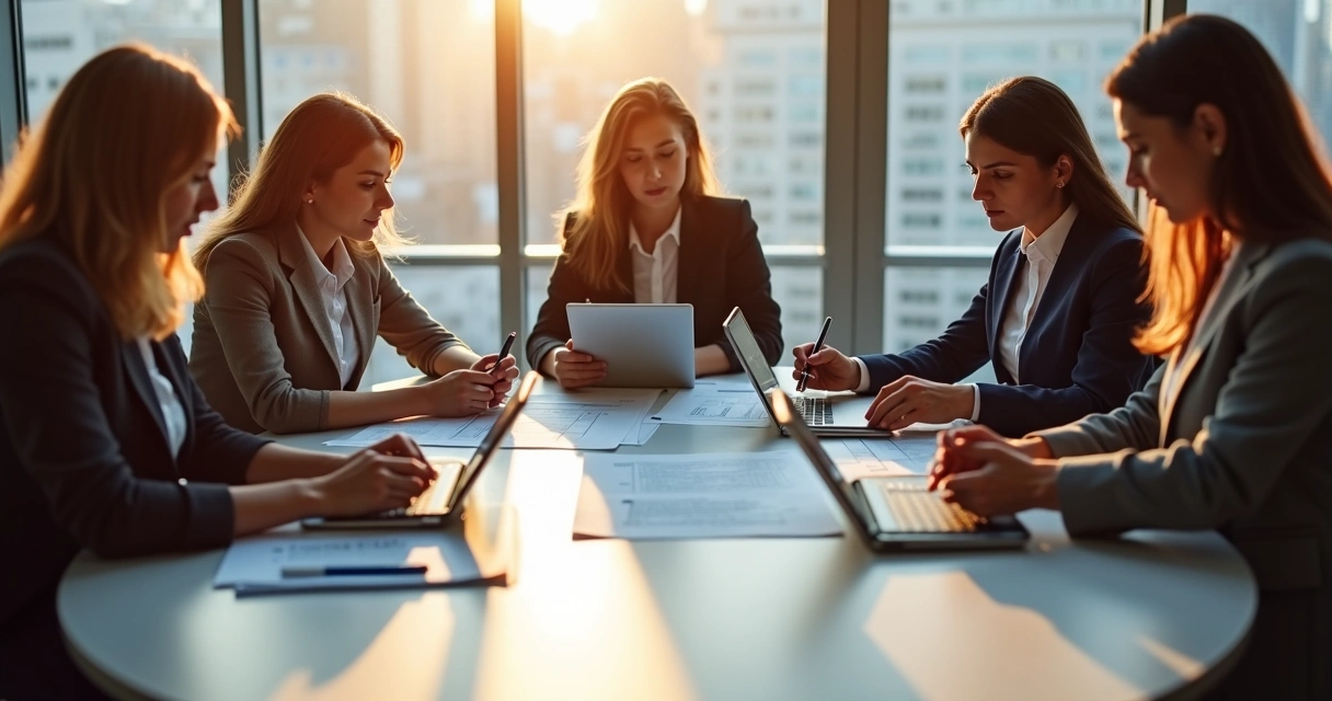 Corretores revisando contratos padronizados em reunião de imobiliária