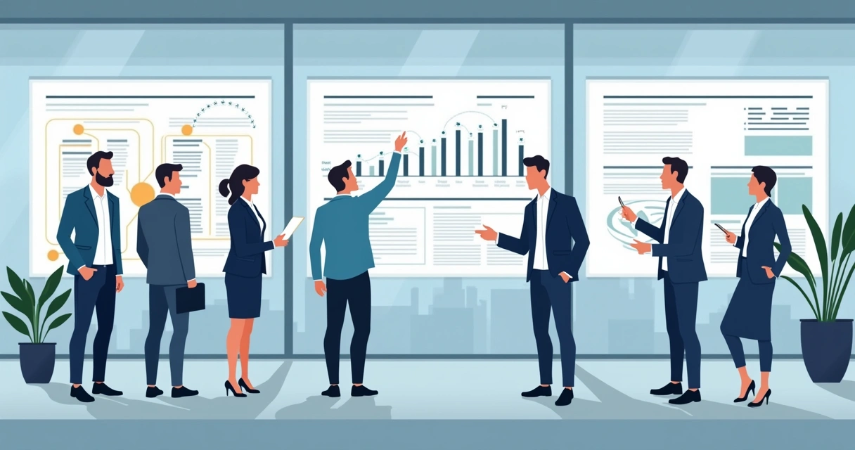 Fluxos padronizados em uma empresa, quadros na parede exibindo rotinas com colaboradores reunidos 