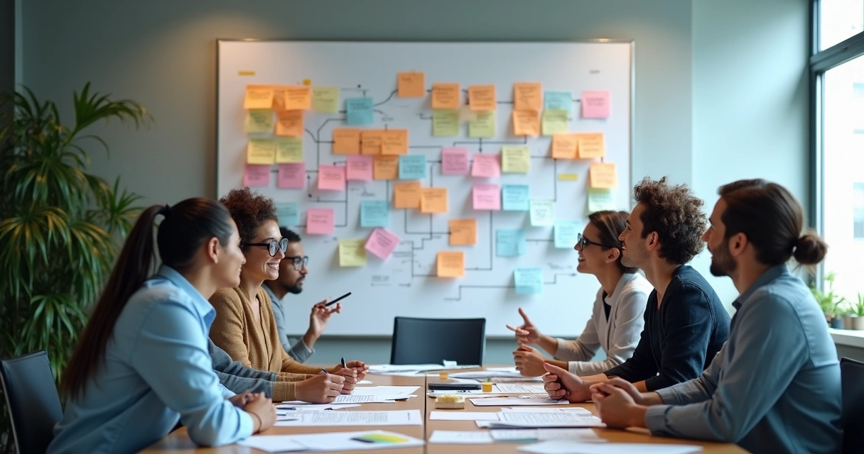 Equipe comercial reunida analisando mapa de processos de vendas na parede 