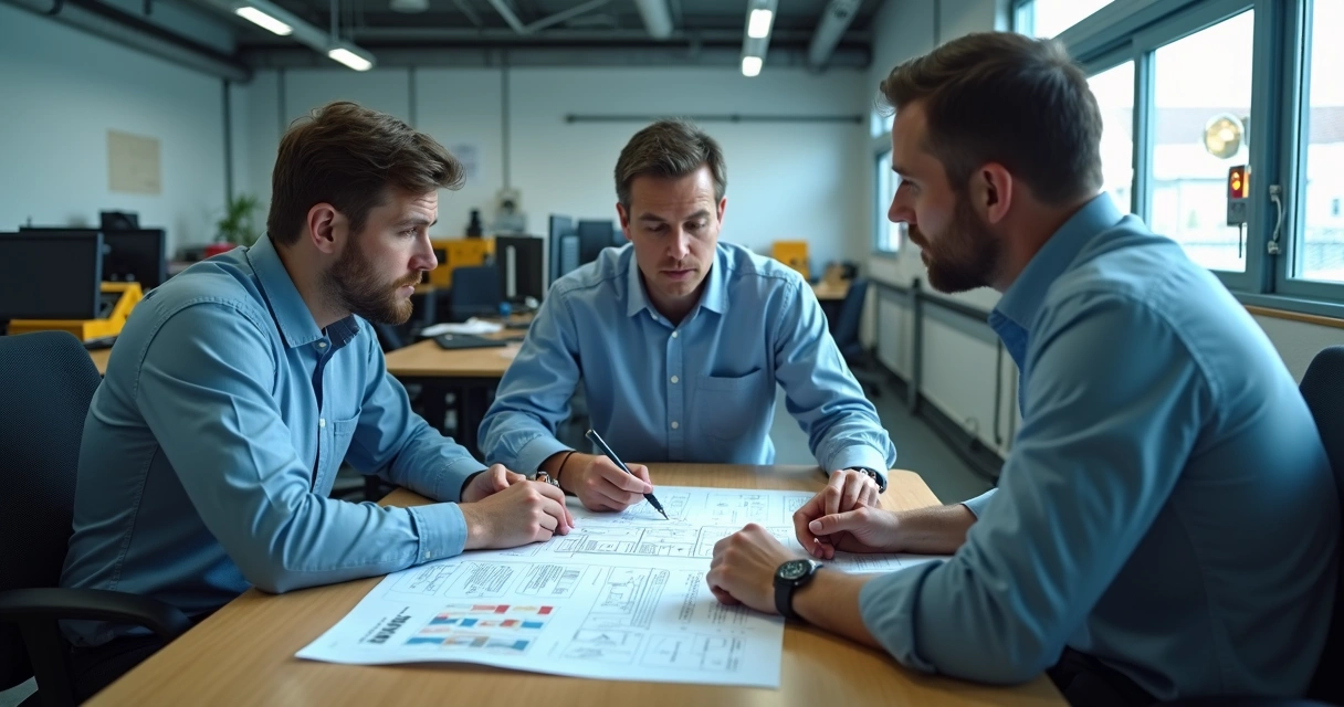 Equipe de manutenção analisando relatório técnico, documentos padronizados sobre a mesa 