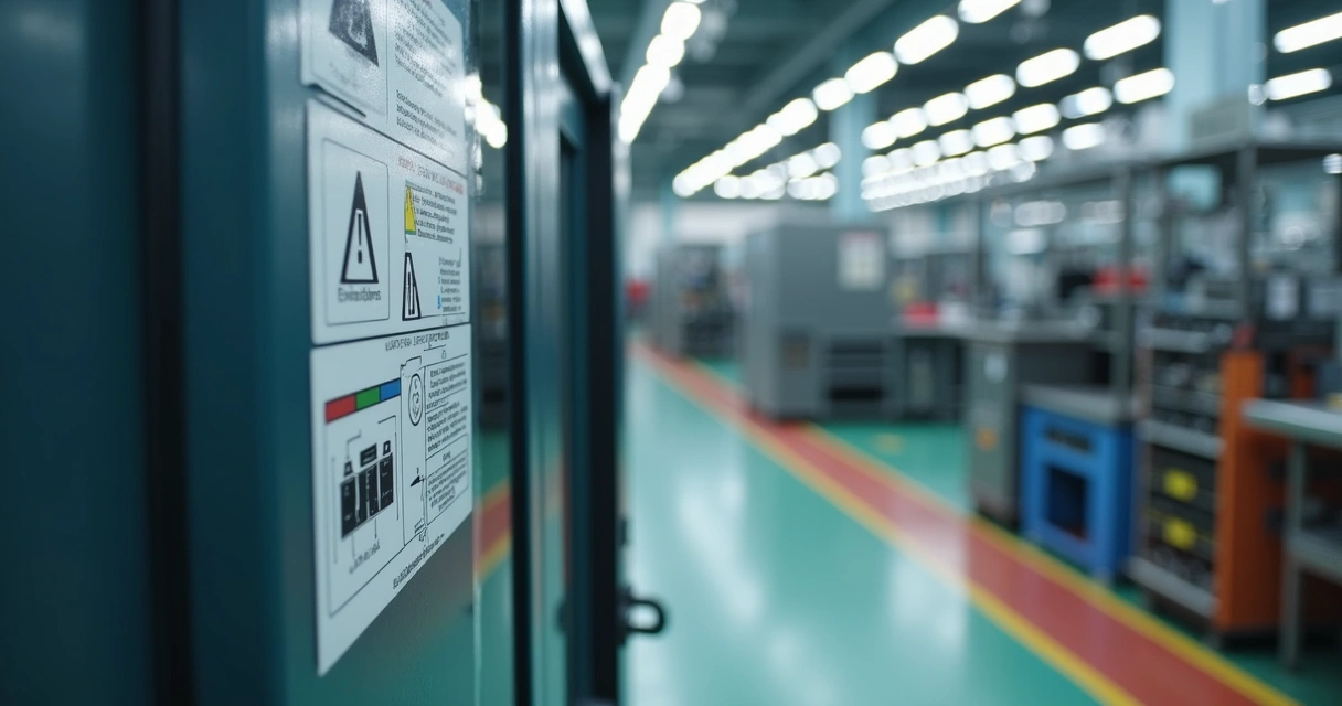 Placa de instruções padronizadas ao lado de máquina industrial 