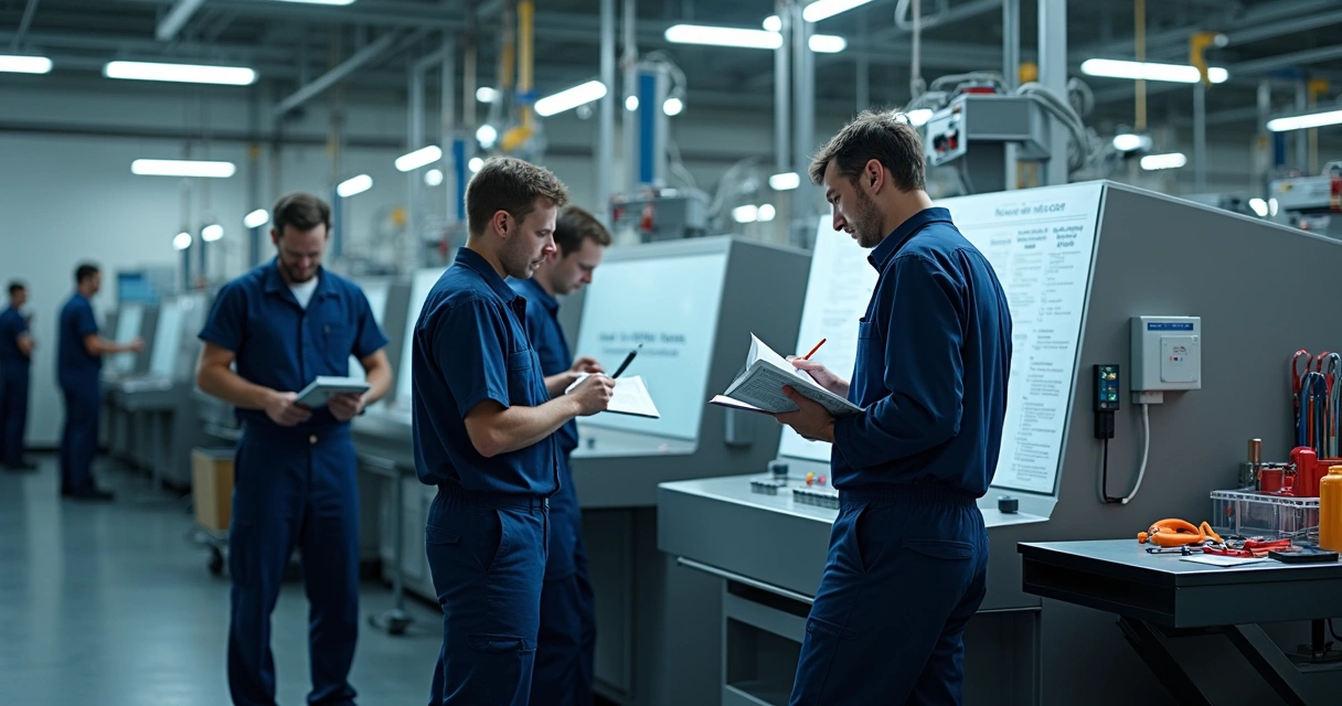 Equipe padronizando setup em máquina industrial 