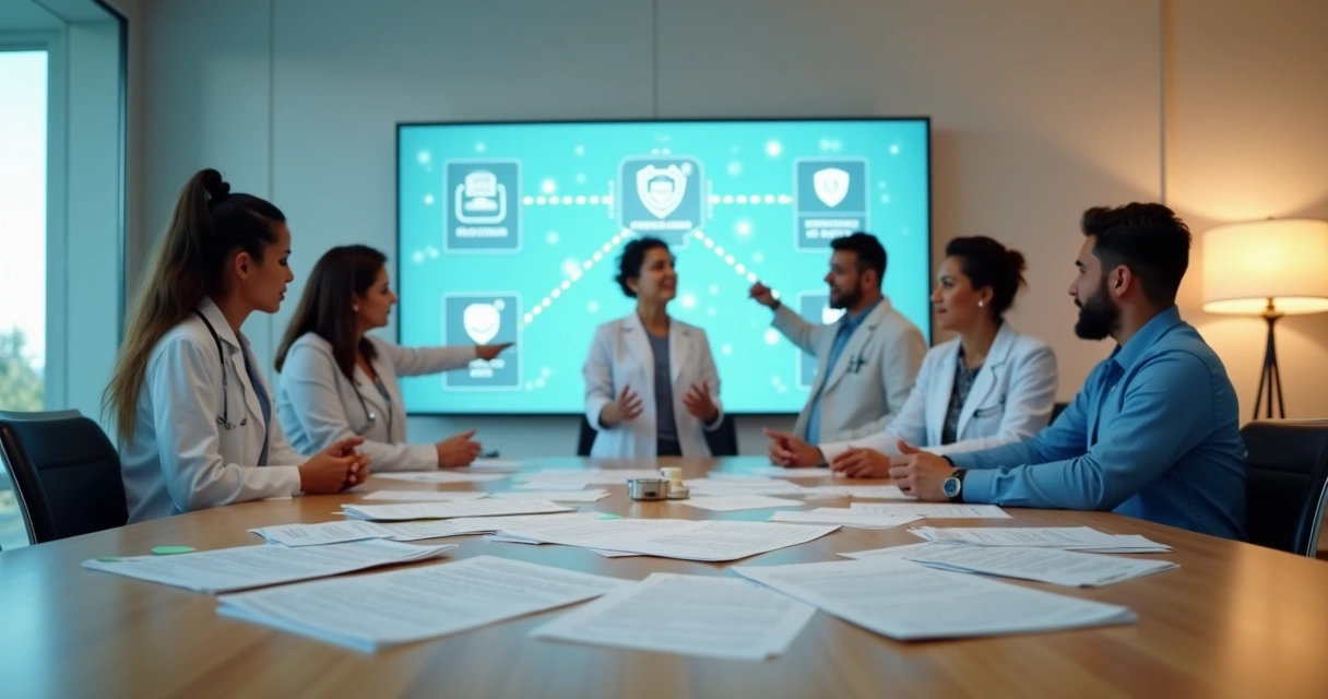 Equipe de clínica médica analisando formulários TISS padronizados em tela grande 