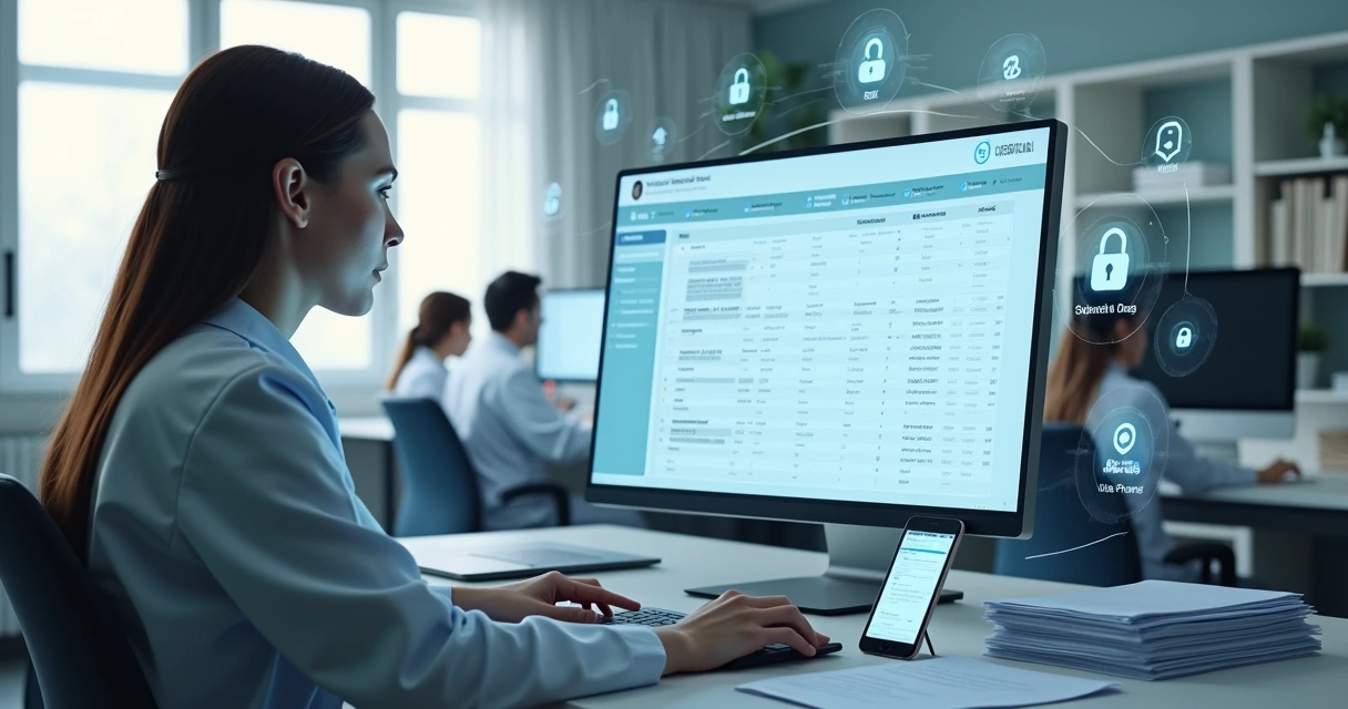 Profissional de saúde analisando tela com fluxos padronizados de dados em clínica moderna 