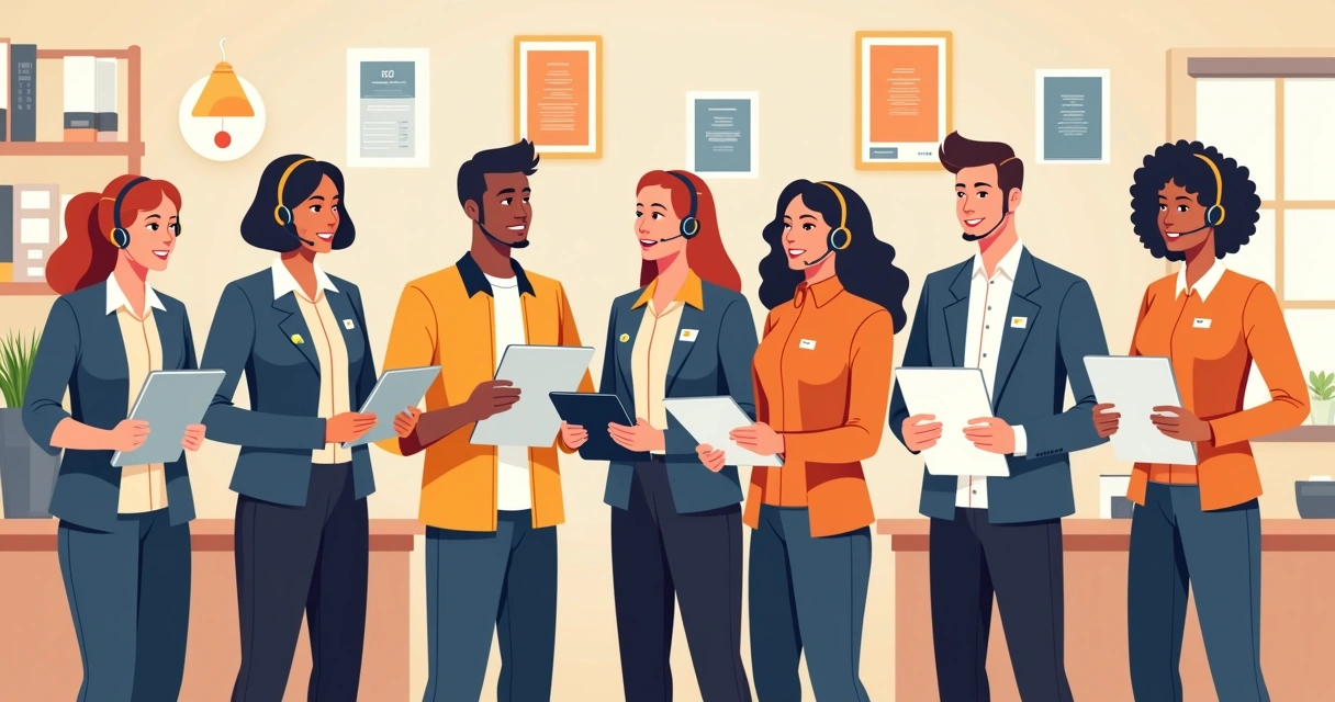 Equipe de assistência técnica com uniformes padronizados e materiais visuais alinhados