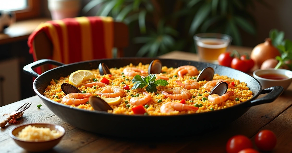 Panela de paella espanhola colorida ao lado de acessórios de decoração da Copa do Mundo 