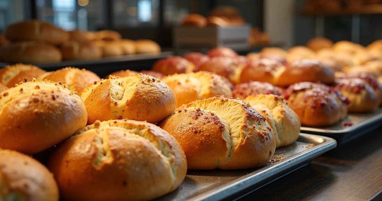 Exposição de pães e doces em vitrine digital