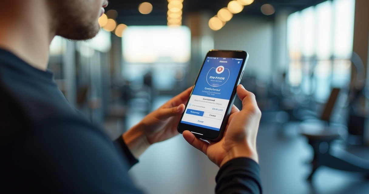 Pessoa usando aplicativo para pagar mensalidade da academia 