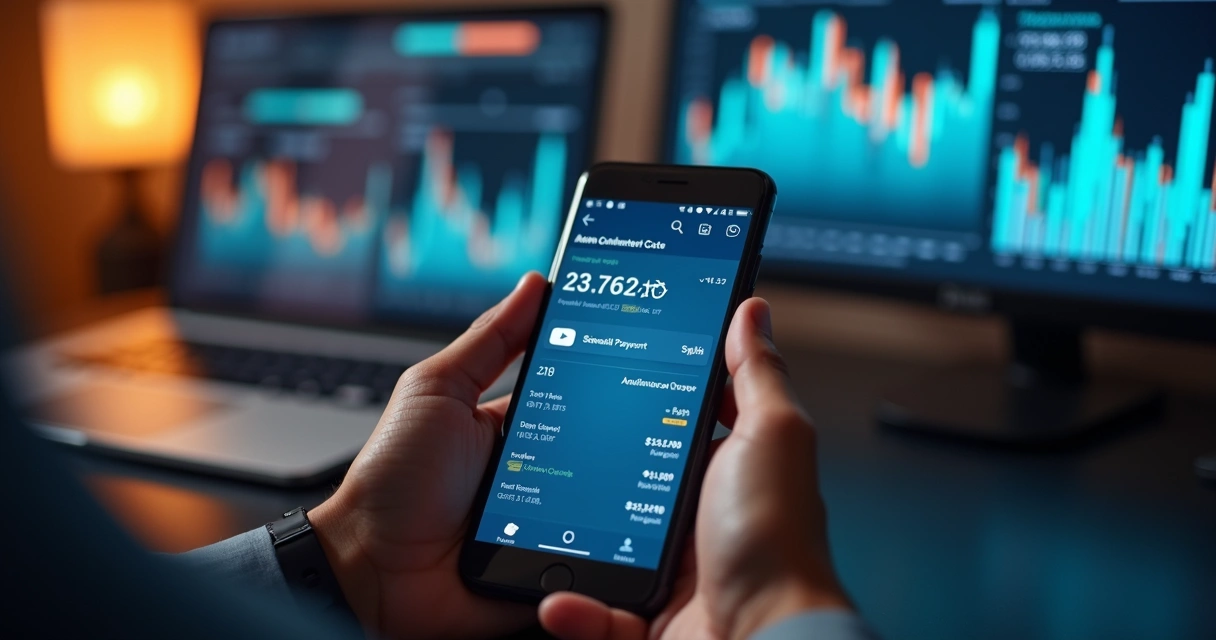 Tela de celular mostrando aplicativo bancário com pagamento agendado e gráficos financeiros ao fundo 