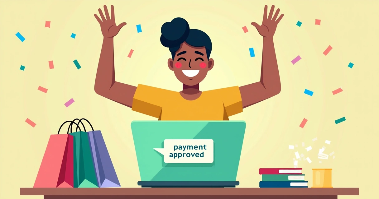 Cliente feliz comemorando pagamento aprovado em e-commerce. 