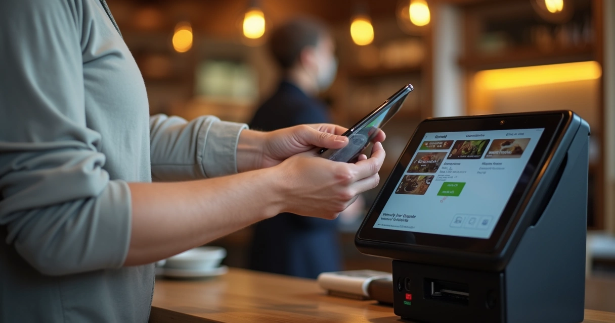 Cliente faz pagamento por aproximação em maquininha smart, ambiente de cafeteria moderna 