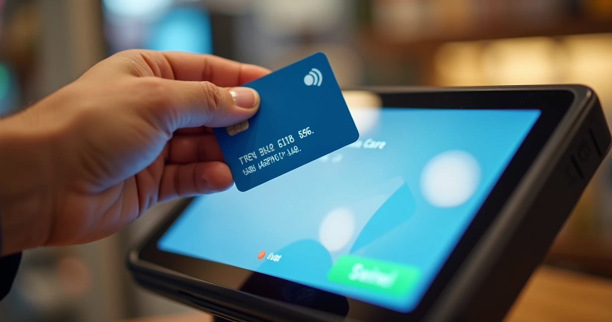 Mão segurando um cartão de crédito próximo a uma máquina de pagamento digital com tela acesa 