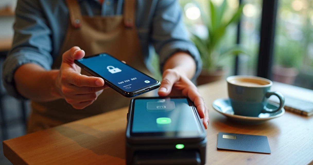Pessoa pagando por aproximação com celular em maquininha de cartão 
