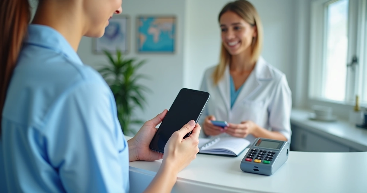 Paciente pagando por aproximação na recepção da clínica