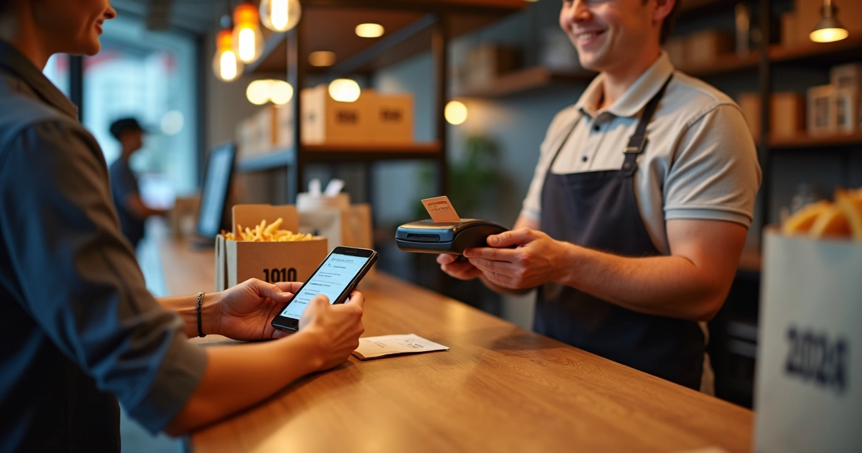 Atendente de delivery aproximando maquininha contactless de smartphone do cliente 